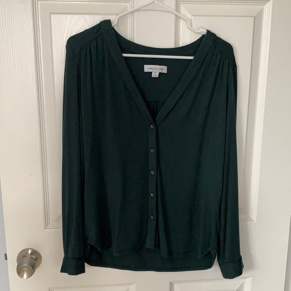 Amour Vert button-up blouse. Size M, dark green.